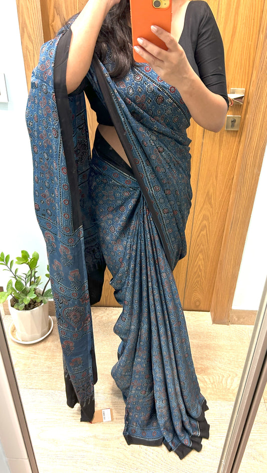 Blue Ajrakh Modal Silk Saree