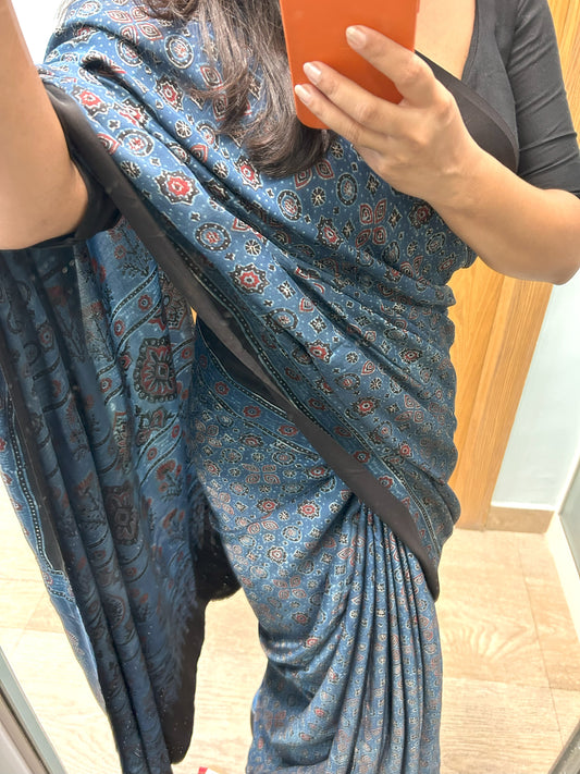 Blue Ajrakh Modal Silk Saree