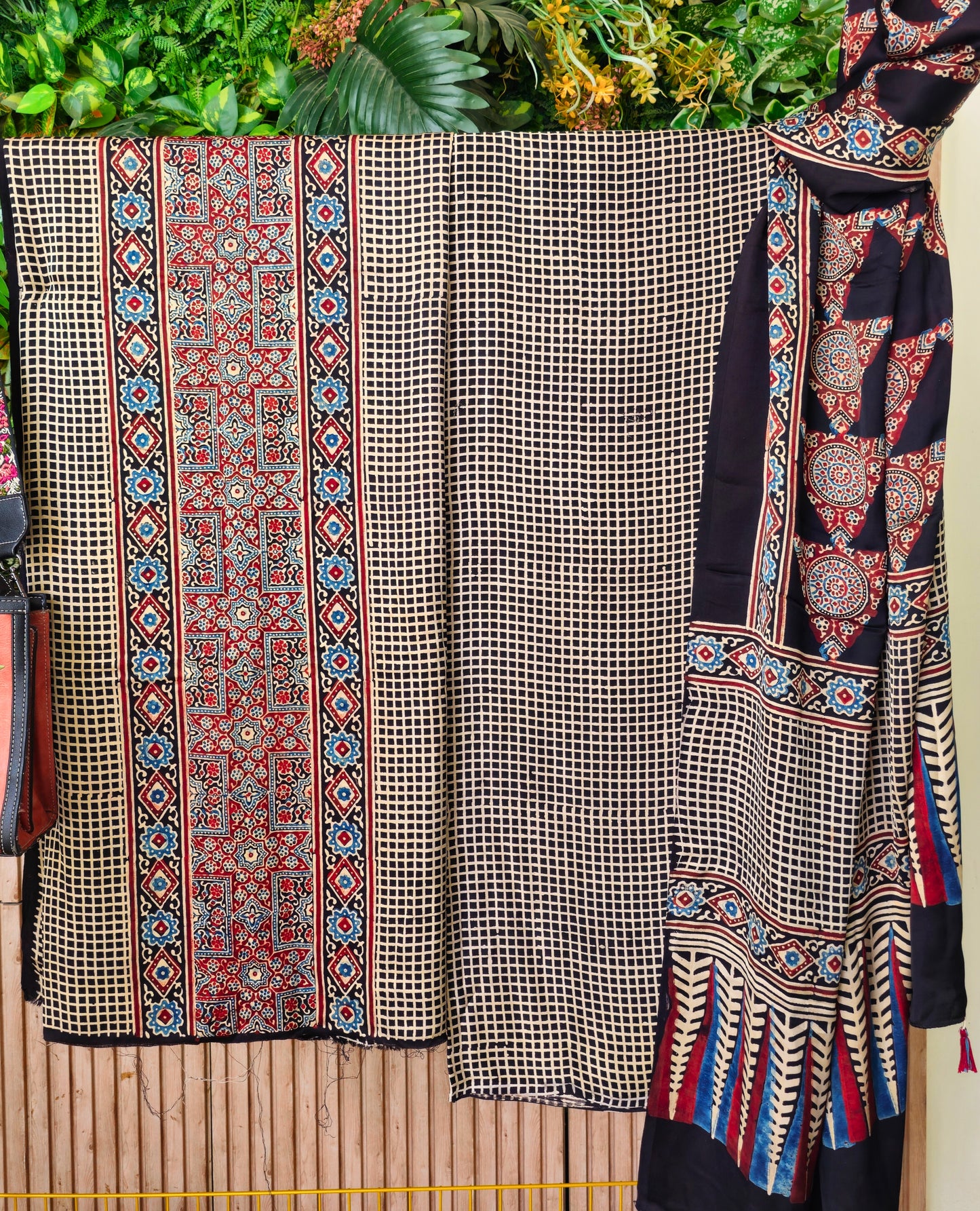 Black Checked Ajrakh Modal Silk Handblock Printed Suit Set