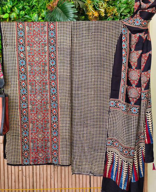 Black Checked Ajrakh Modal Silk Handblock Printed Suit Set