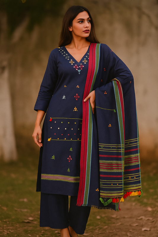 Blue Bhujodi Kala Cotton Handwoven Suit Set