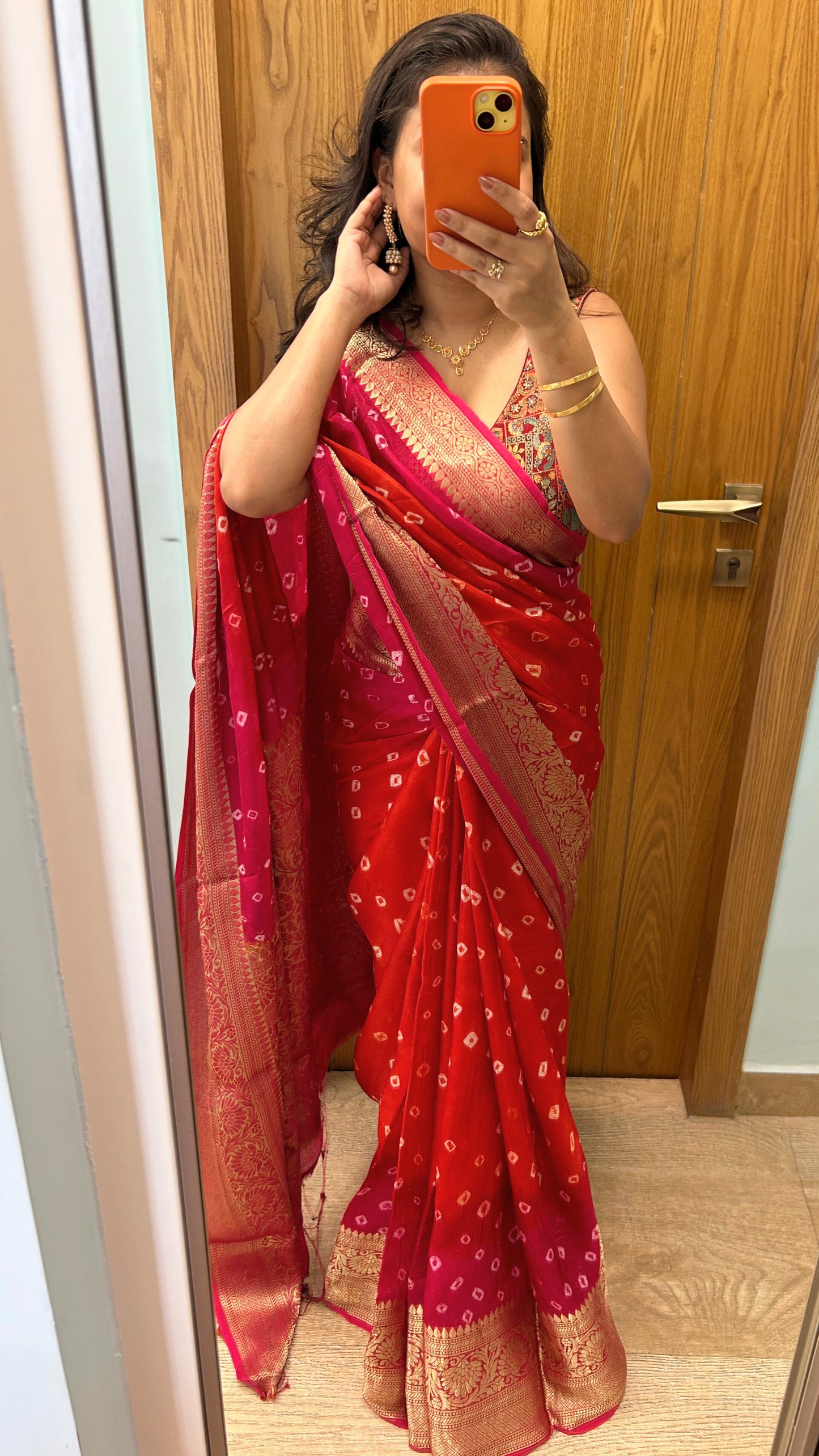 Red and Pink Bandhani Chanderi Saree