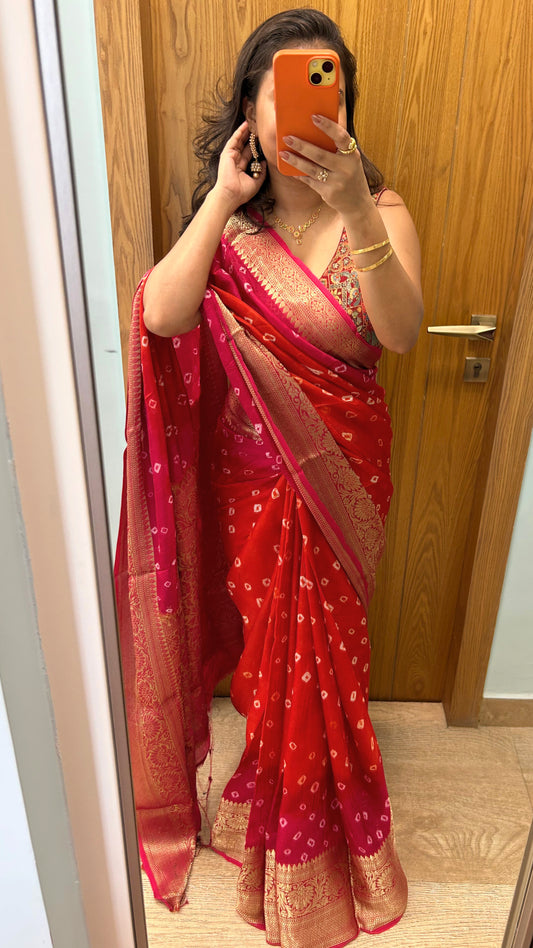 Red and Pink Bandhani Chanderi Saree