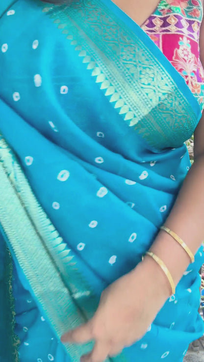 Bright Blue Bandhani Chanderi Saree
