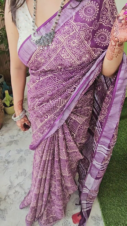 Purple Ajrakh Soft Linen Saree