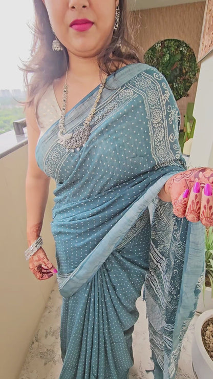 Teal Ajrakh Soft Linen Saree