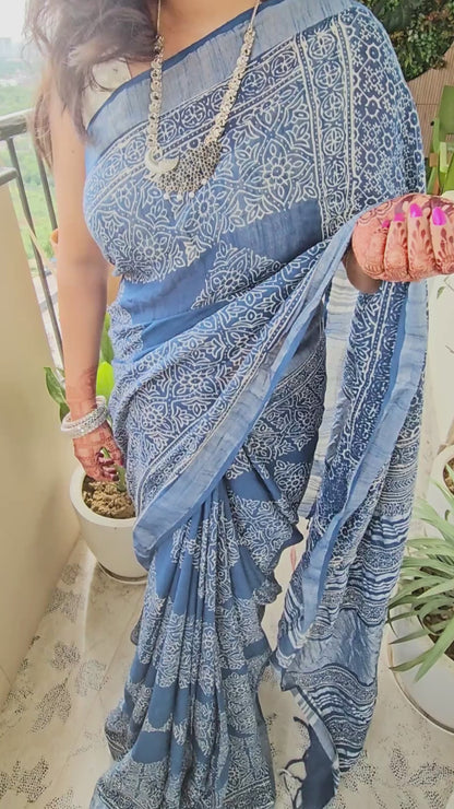 Blue Ajrakh Soft Linen Saree
