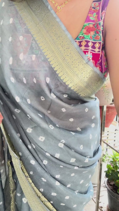 Gray Bandhani Chanderi Saree