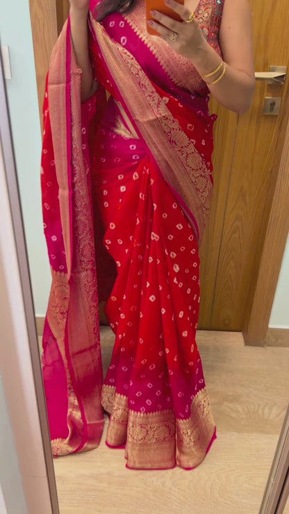 Red and Pink Bandhani Chanderi Saree
